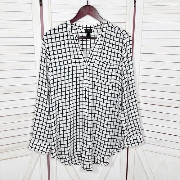 Worthington Windowpane Check Chiffon V Neck Blouse White Black Medium - Picture 6 of 11